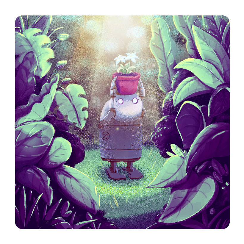 A robot nurturing a rare flower amidst a jungle environment. One colour mood I've tested with purplish shadows.