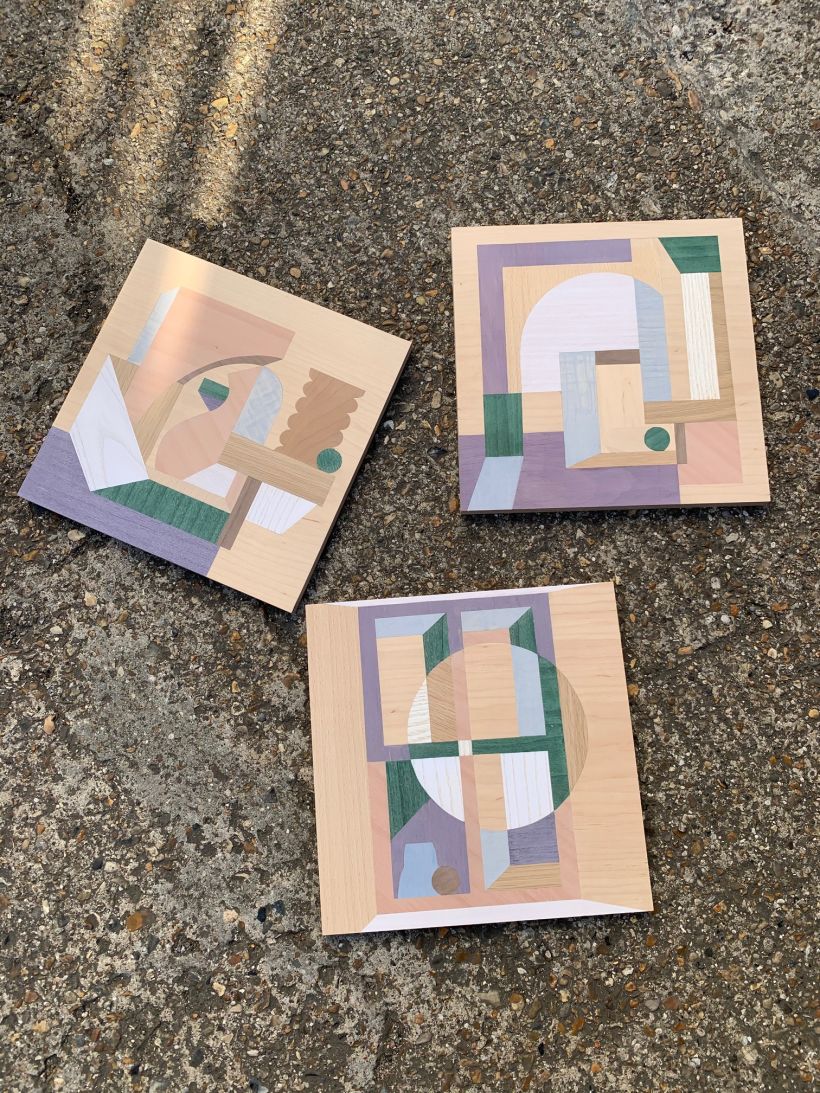 Trio of Marquetry pieces created from Adriana Jaros original designs. Sold as a part of Artists Support Pledge in 2020.