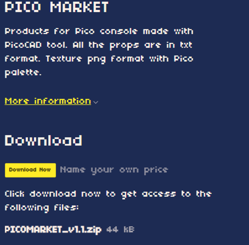 Capture of Pico Market at itch.io page with new update.