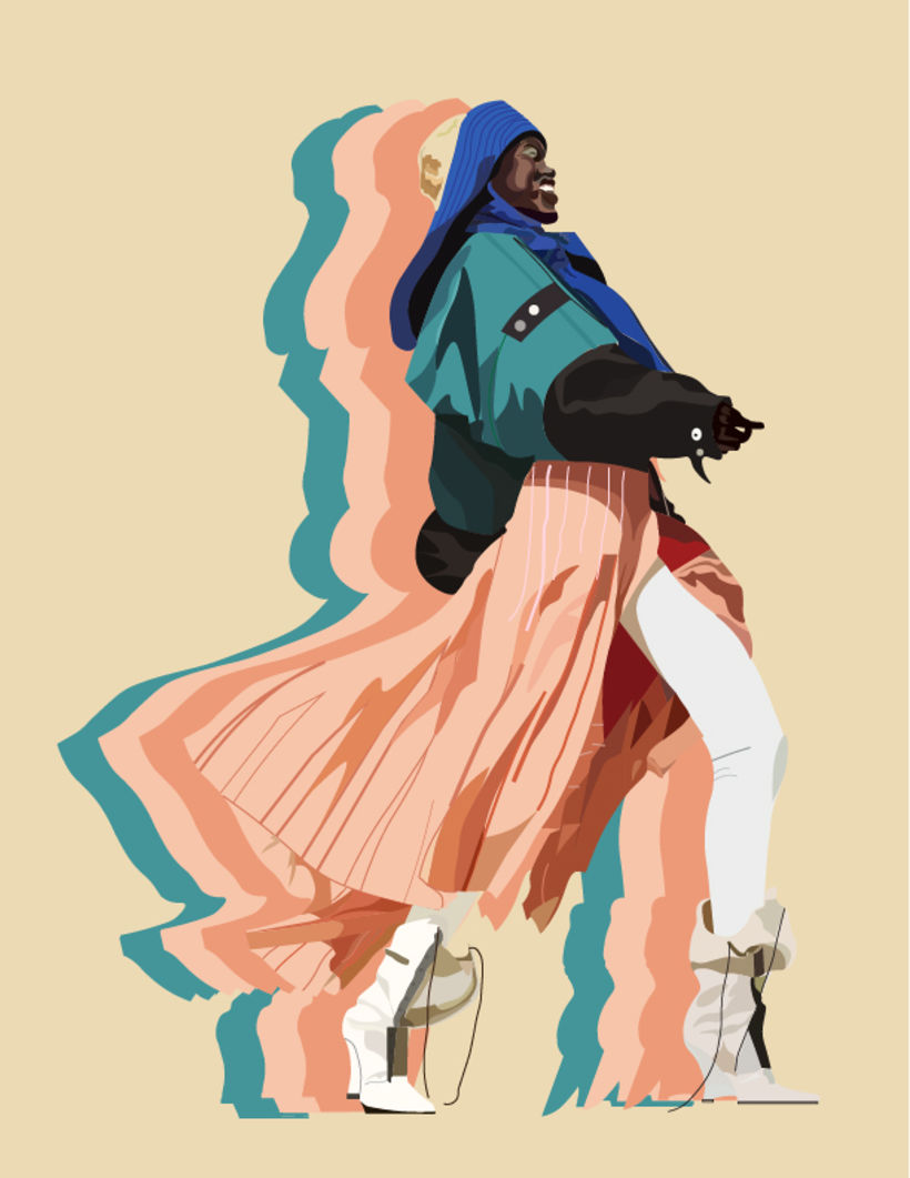 Ilustración de una sesión fotografica de Adut Akech realizada por Josh Olins para Vogue en 2019.