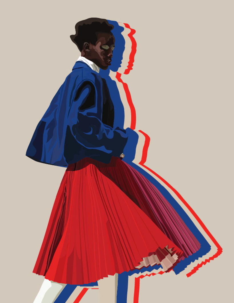 Ilustración de una sesión fotografica de Adut Akech realizada por Josh Olins para Vogue en 2019.