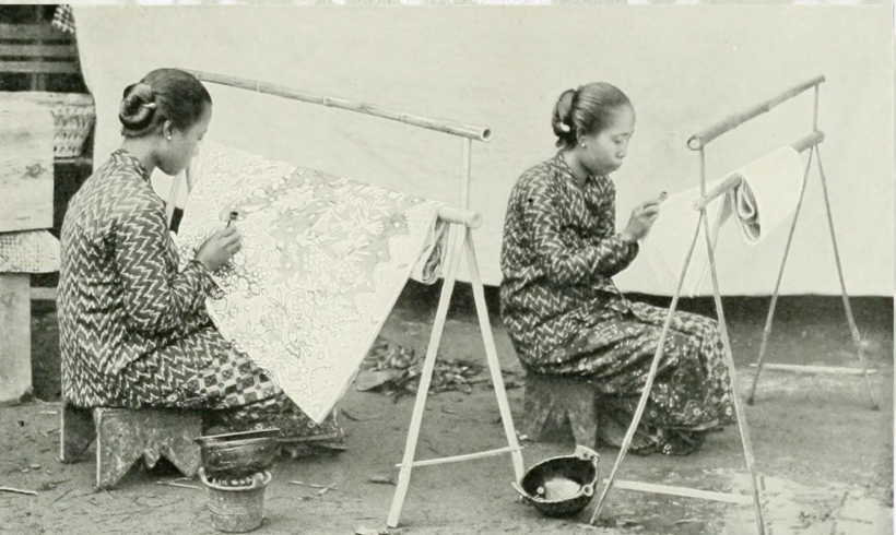 Mujeres de la aristocracia haciendo batik en el sudeste asiático. 