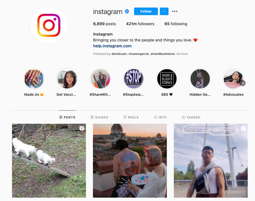 The @instagram accounts mostly highlights content from its own community,