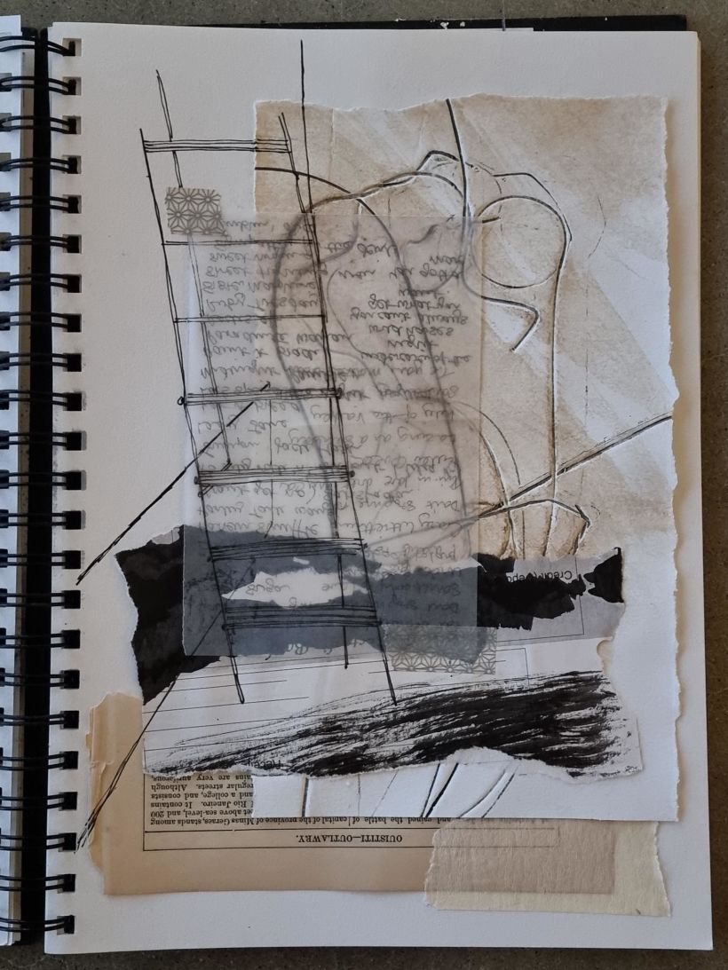 Old book page, pen on tracing paper, pigment pen, double-sided notes, washi tape, coffee stains