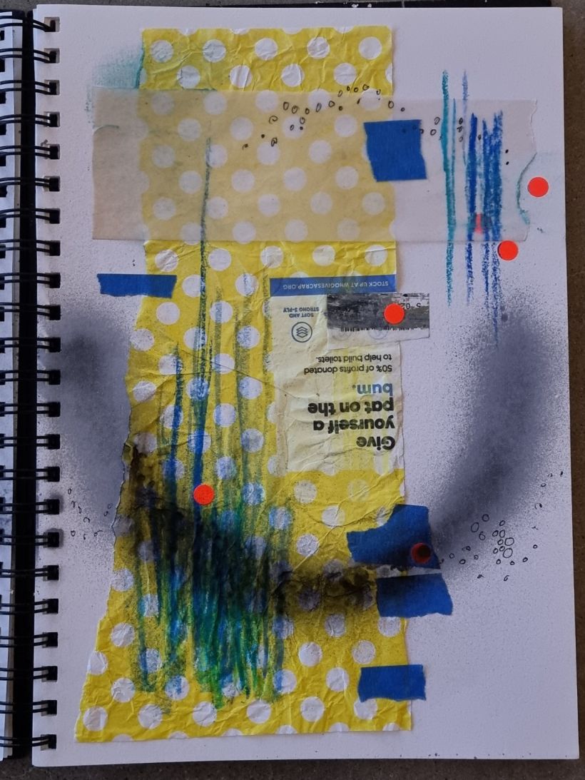 Tissue paper, oil pastels, blue painter's tape, sticky dots, pen