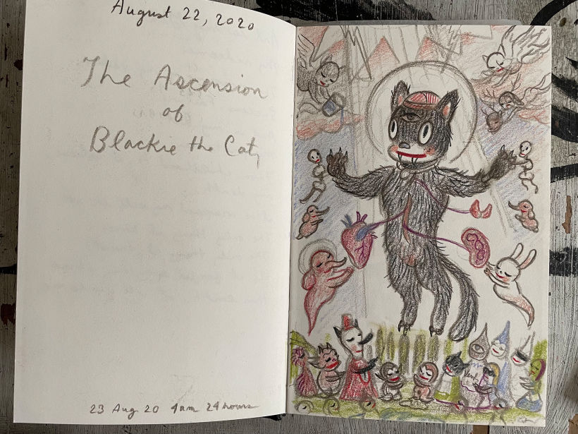 Sketchbook drawing of The Ascension of Blackie the Cat.