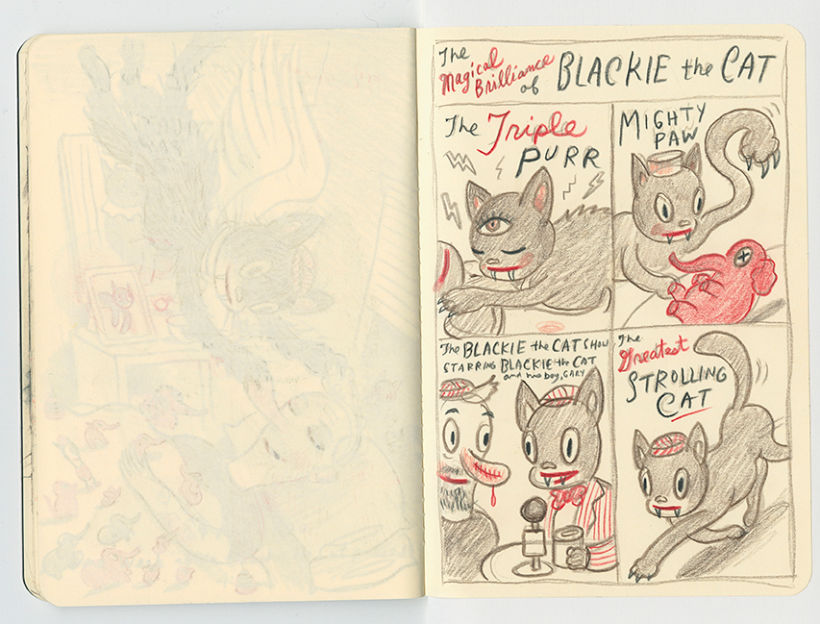 Sketchbook drawing showing Blackie's talents: healer, storyteller, talk show host, greatest strolling cat.