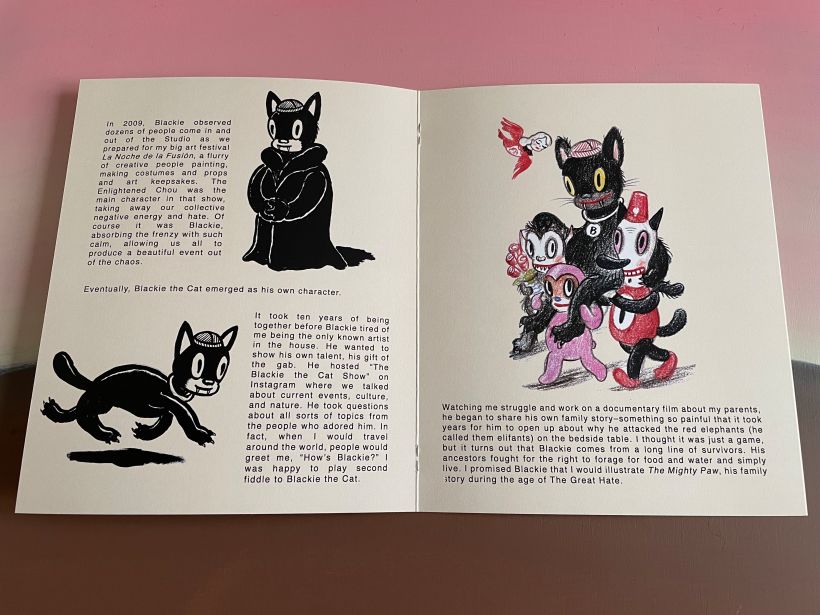Memorial booklet inside content, featuring ink and brush drawings and sketchbook drawing.