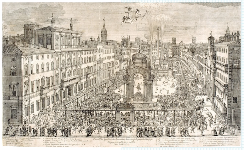 Ilustração de uma cidade renascentista repleta de designs efêmeros durante uma celebração