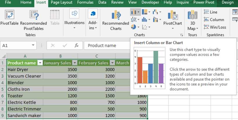 Ejemplo de selección de datos en Excel. 