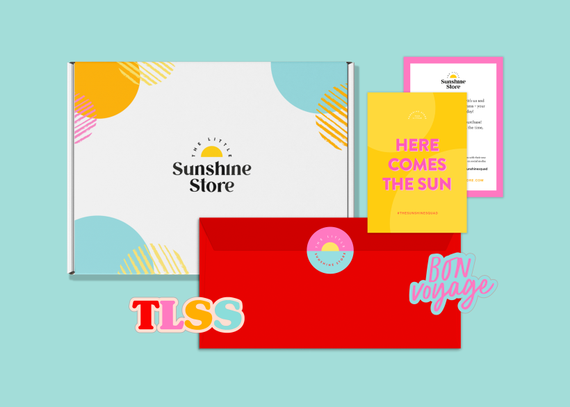 Brand stationery suite including packaging design, postcards, envelopes and stickers