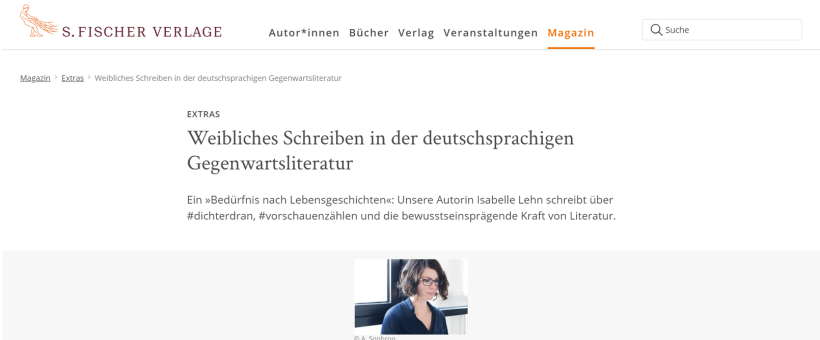 Essay "Weibliches Schreiben in der deutschsprachigen Gegenwartsliteratur", S. Fischer Hundertvierzehn, 2020. 1