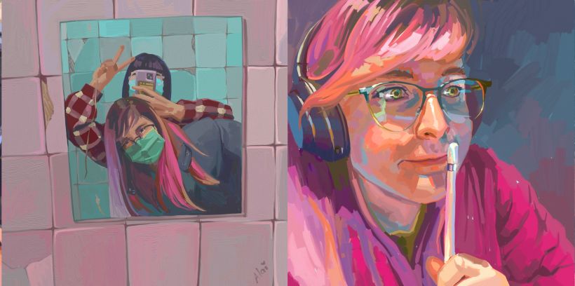 Andrea and me in a nasty bathroom (2020) (izquierda/left) - Self portrait (2021) (derecha/right)