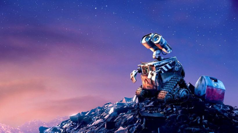 WALL·E is painted yellow, reminiscent of a tractor, and the scene has a pinky hue. Image credit: Disney/Pixar.