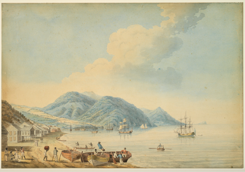 'A View Of The Town and Harbour of Montego Bay', por Nicholas Pocock. Fonte: Birmingham Museums Trust