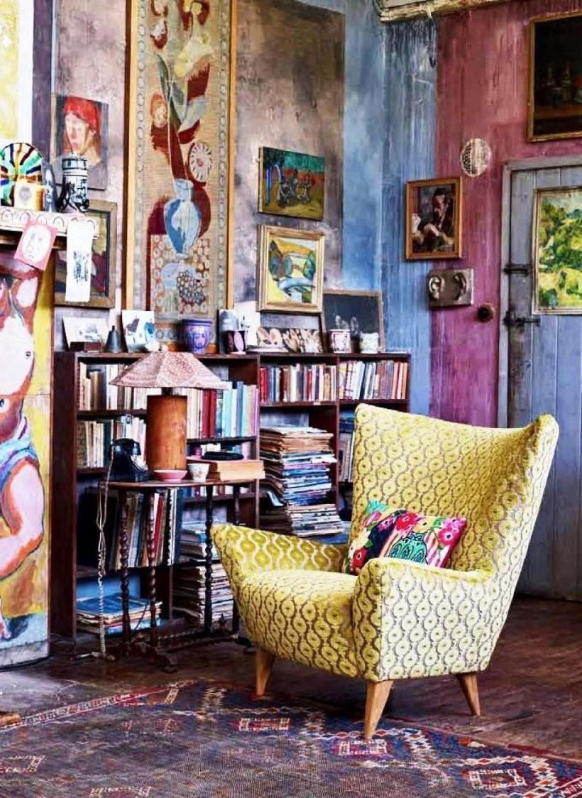 Bohemian styling leans towards colorful maximalism.