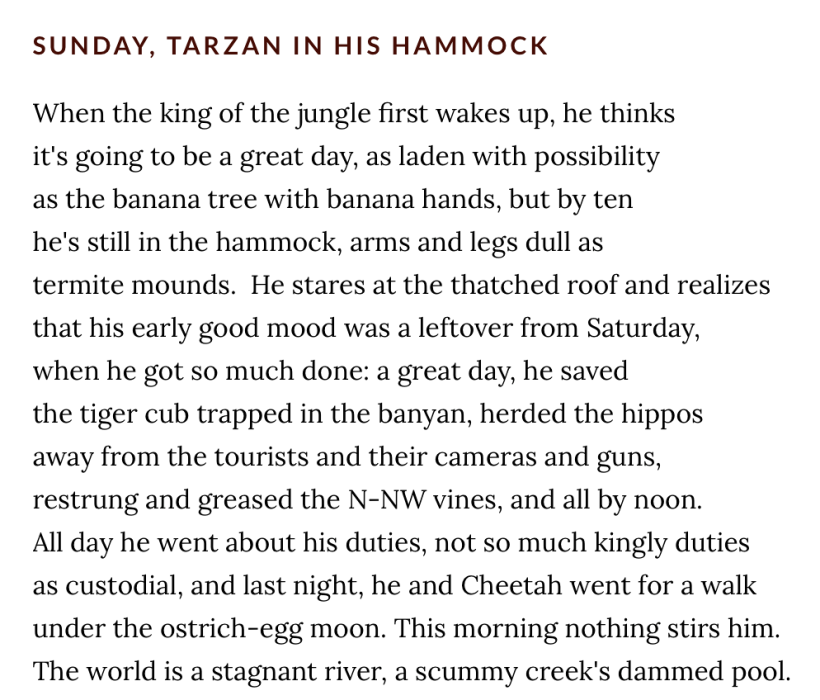 This story was inspired by Lewis Buzbee's "Sunday, Tarzan in His Hammock"
