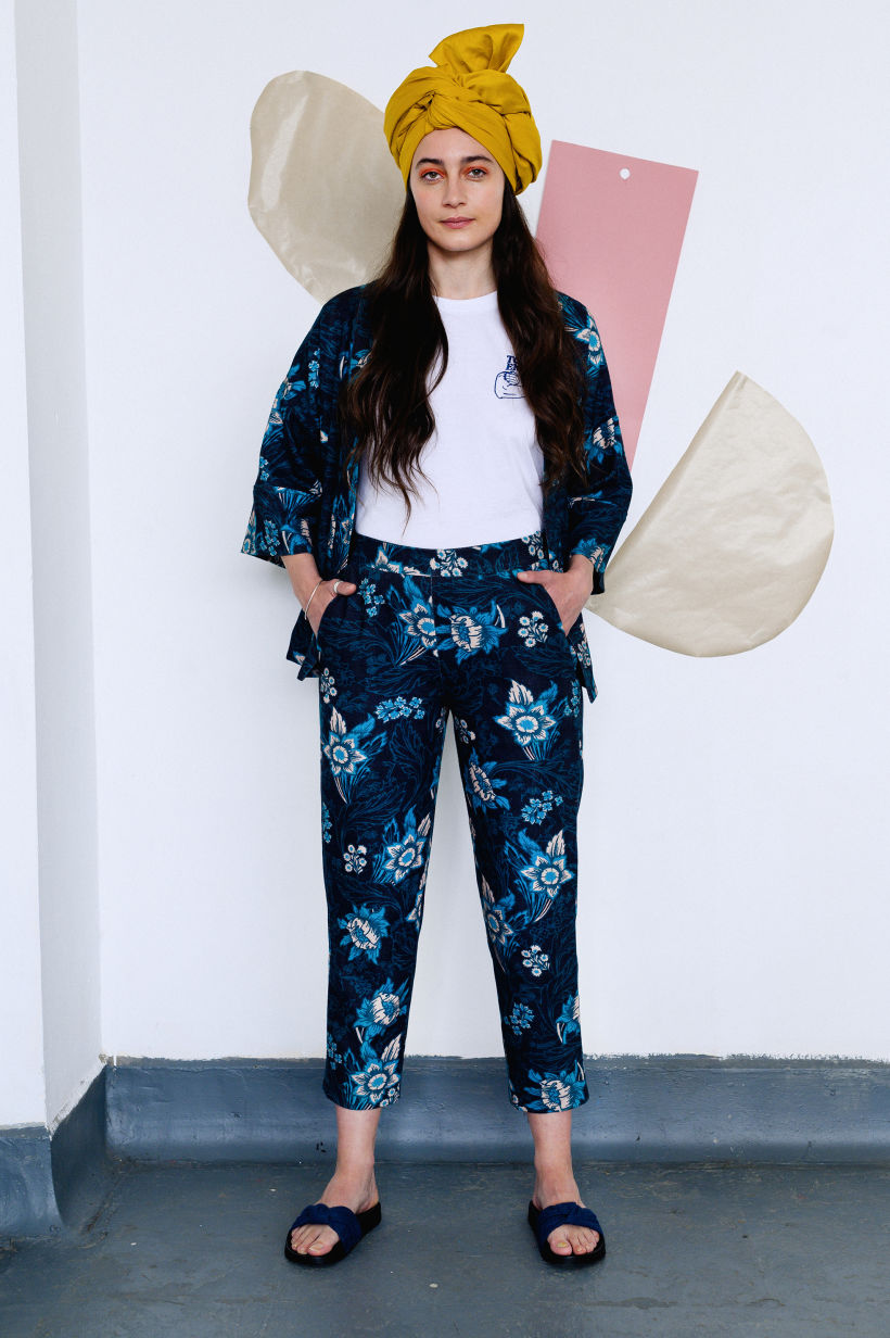 Kimono-inspired tie front wrap jacket with 3/4 trousers