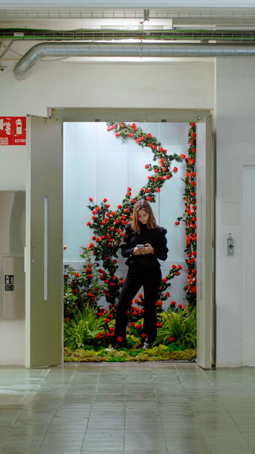 Júlia en nuestro ascensor de rosas :)