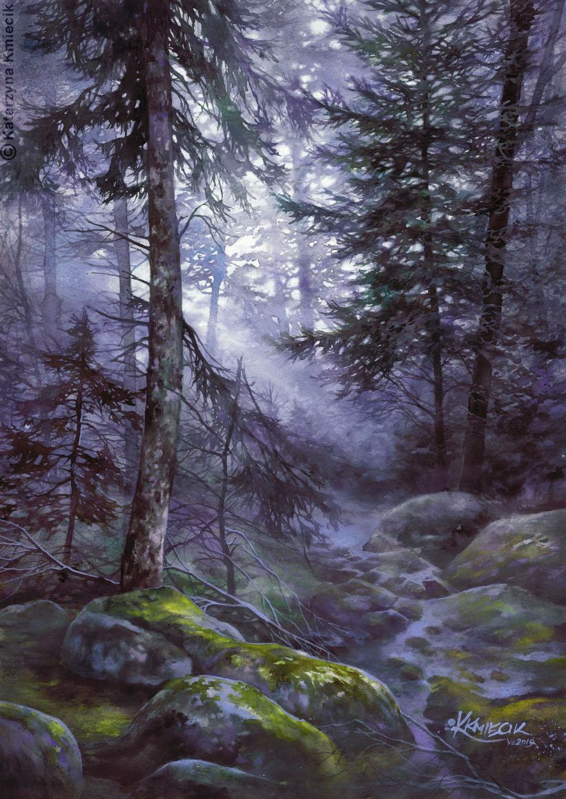 "Misty Forest", watercolor on paper, 50x70 cm
