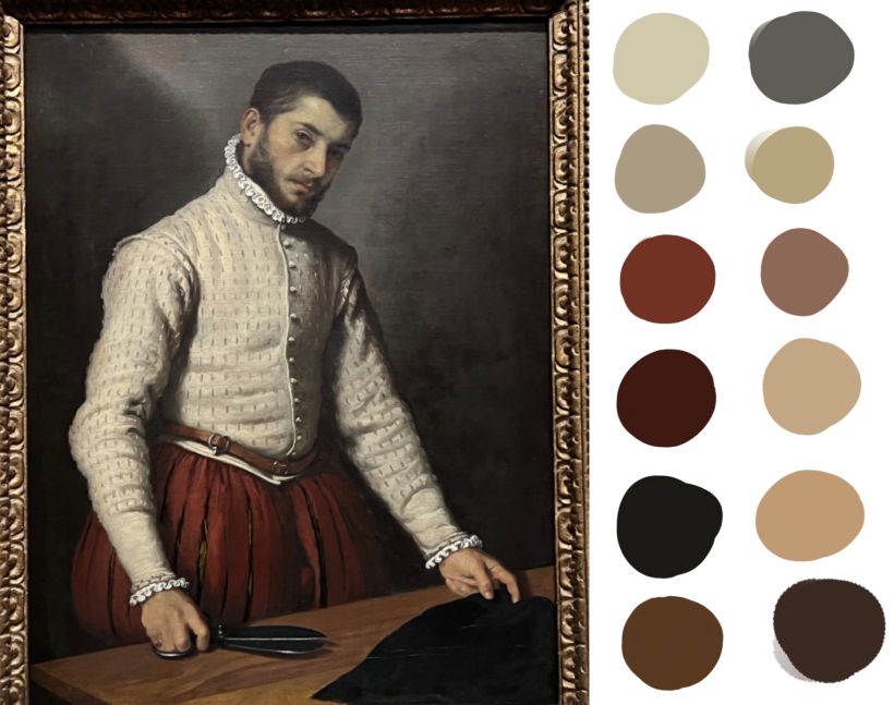 La paleta de colores, la saque de una pintura que ví en un paseo al museo de The National Gallery y por suerte tomé una foto.