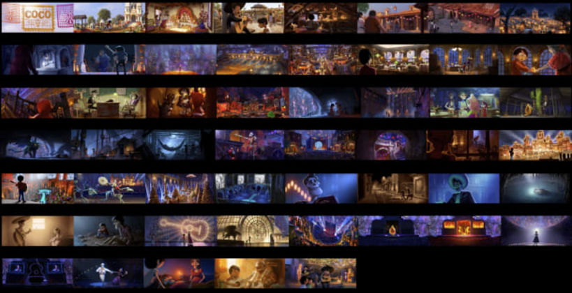 Script de cores de 'Viva – A Vida É uma Festa'. Crédito da imagem: 'The Art of Pixar: The Complete Color Scripts'