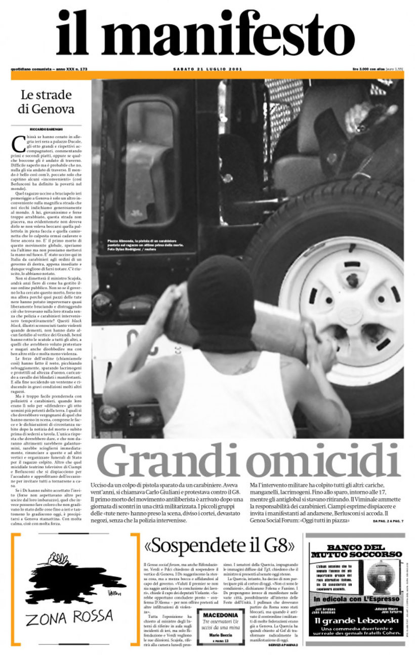 La prima pagina del G8 di Genova del 2001