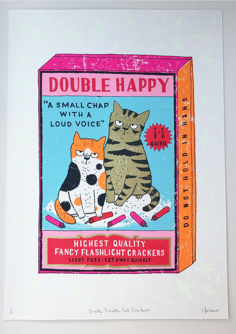 Double Trouble Cat Crackers - 8 colour screen print with glow in the dark stars