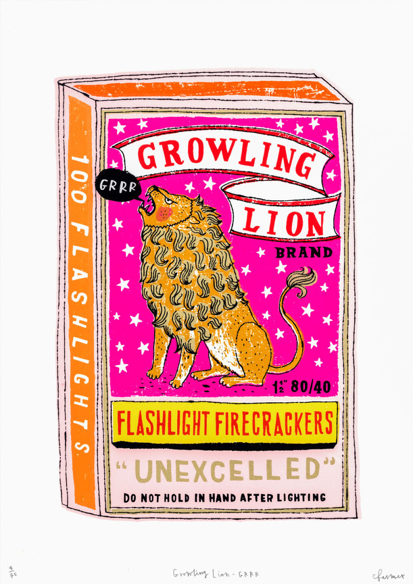 Growling Lion - 9 colour screen print with glow in the dark stars 