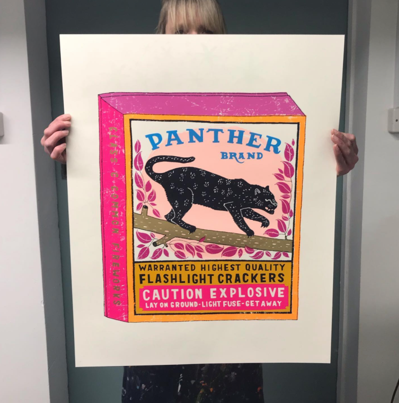 Giant Panther on the Prowl - multi layer screen print with glow in the dark stars