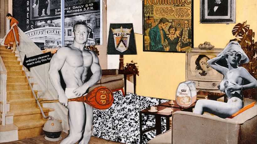 Ce collage de Richard Hamilton, créé en 1956, explore les idées centrales du Pop Art.