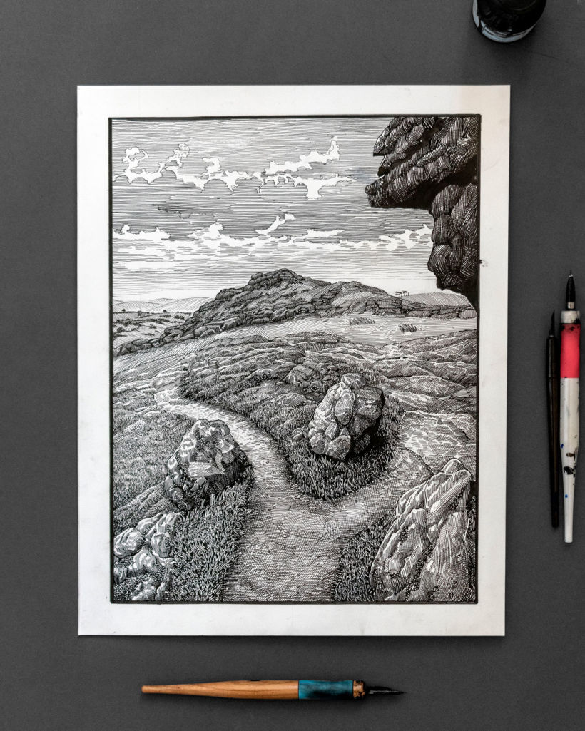 'Saddle Tor' Dip pen and ink landscape drawing 1