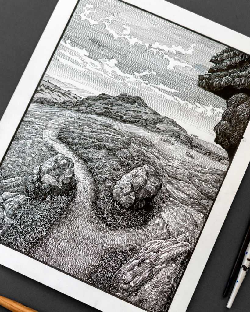 'Saddle Tor' Dip pen and ink landscape drawing 2