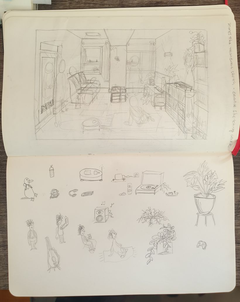 Thumbnail sketch of my living room and me, going about my daily business.