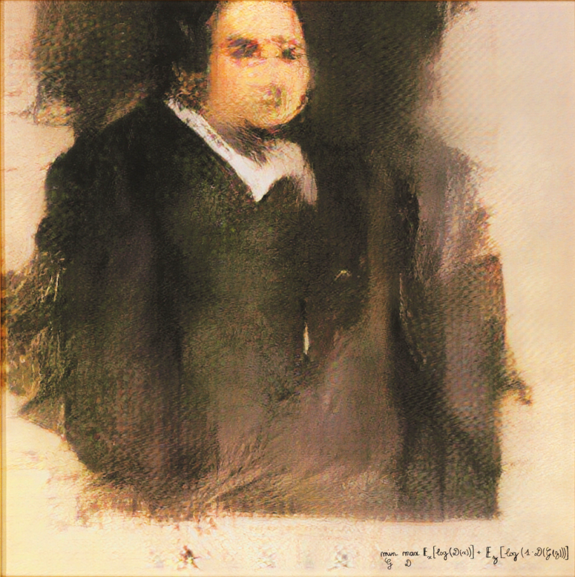 The portrait of Edmond de Belamy was created by a GAN algorithm, inkjet-printed onto canvas. Image: Wikipedia.