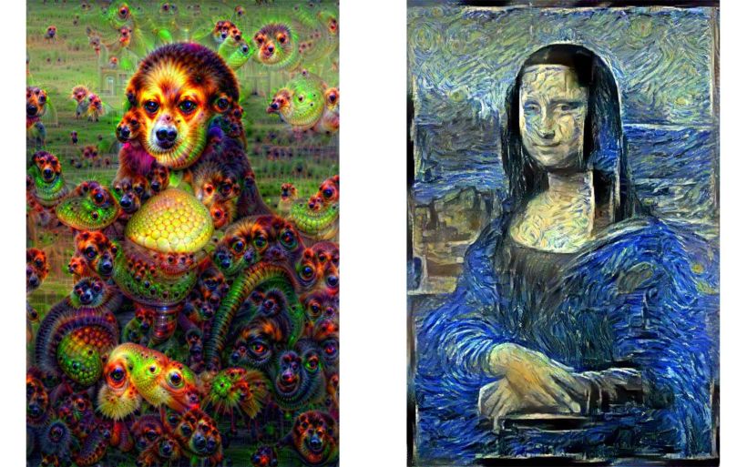 "Mona Lisa" with DeepDream effect (left) and Neural Style Transfer (right) created by P.J. Finlay. Image: Wikipedia.