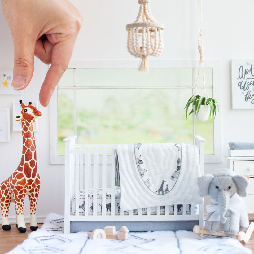 This miniature room was constructed to replicate a room from Pottery Barn Kids' catalogue. 