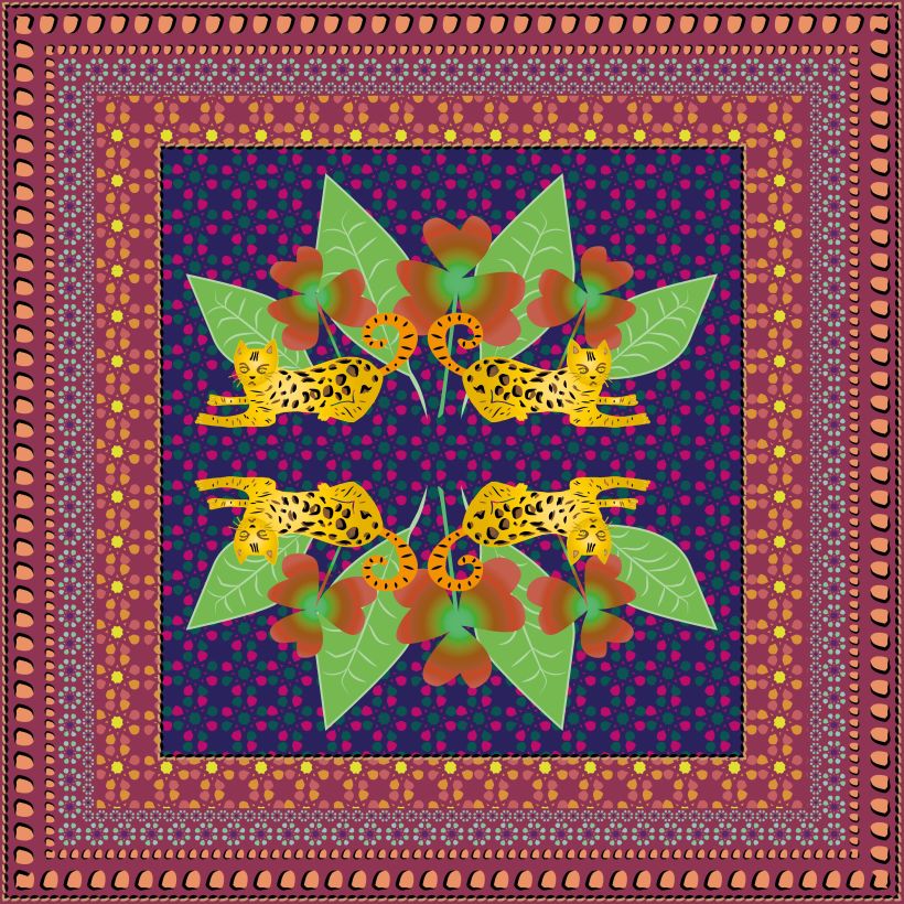Diseño completo de pañuelo, integrando la ilustración principal con motivos de print animal y mosaico andaluz