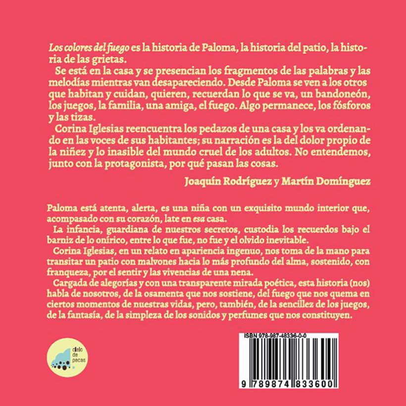 Contratapa del primer libro de la editorial cielo de pecas, colección calima. 'Los colores del fuego', de Corina Iglesias