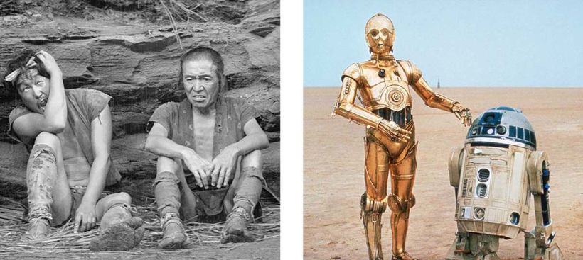 Links: Bauernfiguren in "Die verborgene Festung". Rechts: C-3PO und R2-D2 in "Eine neue Hoffnung".