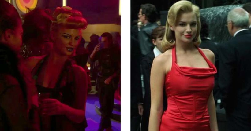 Links: die Frau an der Bar in "Episode II". Rechts: Die Frau im roten Kleid in "The Matrix".