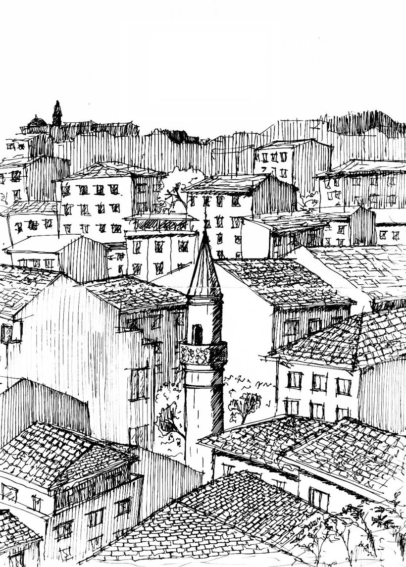 A sketch from my window shows some houses and a Mosque minaret within them  in Istanbul.