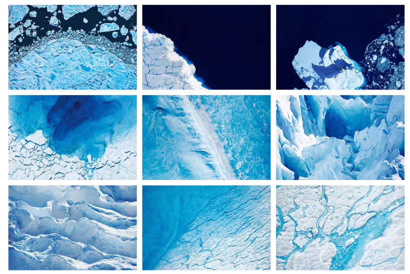 Desenhos em pastel de plataformas de gelo e icebergs na Antártica e Groenlândia, de zariaforman.com
