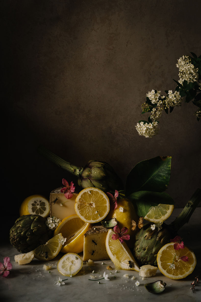 Still Life with Lemons, Artichokes, Cheese, Flowers, & Insects