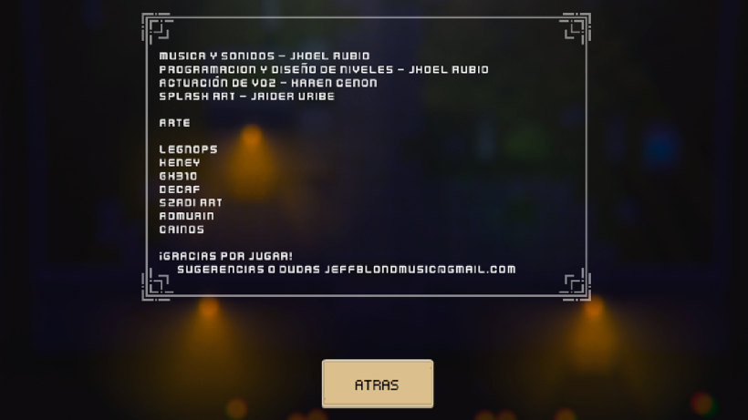 Una pantalla de créditos para que los jugadores encuentren a los artistas que crearon el Arte pixel art que utilice. 