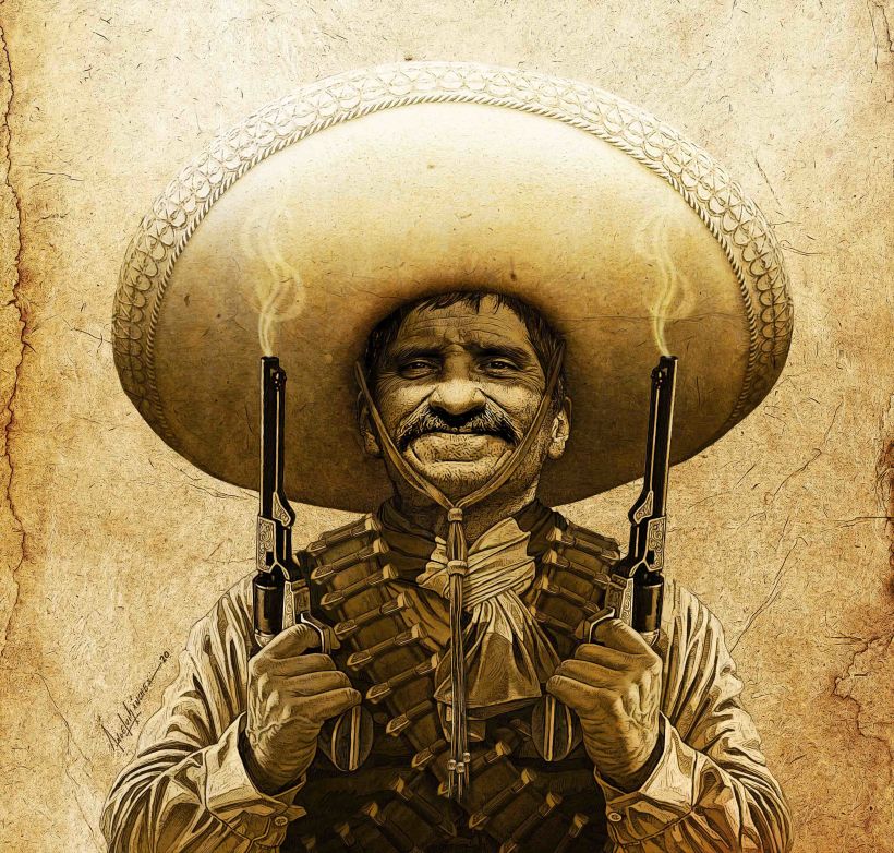 La idea era representar al típico revolucionario Mexicano. En principio me gustó la idea de hacerlo en un solo tono.
