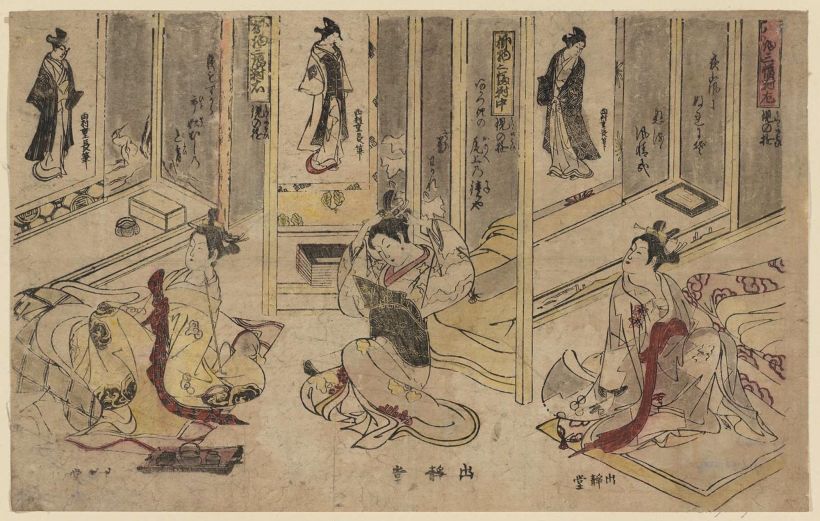 "Triptychon mit hängenden Schriftrollen, die mit der Wirklichkeit spielen" (1750), von Shigenaga. Bild:Ukiyo-e Search und MFA