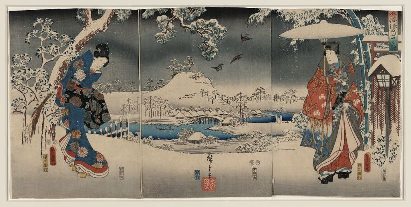 Das "Märchen von Genji" in Schneeszenen (1853), von Utagawa Kunisada und Andō Hiroshige. Bild: Library of Congress.