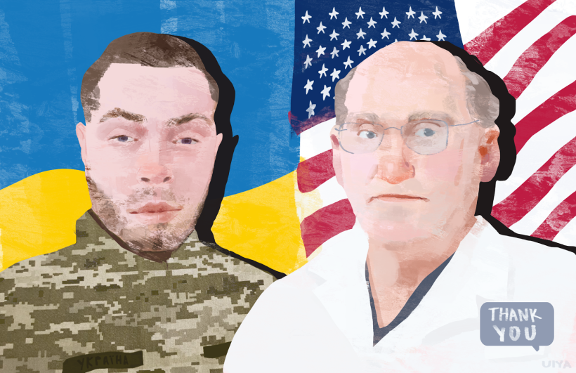 Ukrainian traumatologist (on the left) with the American professor. Illustration by Ulya Myronova.