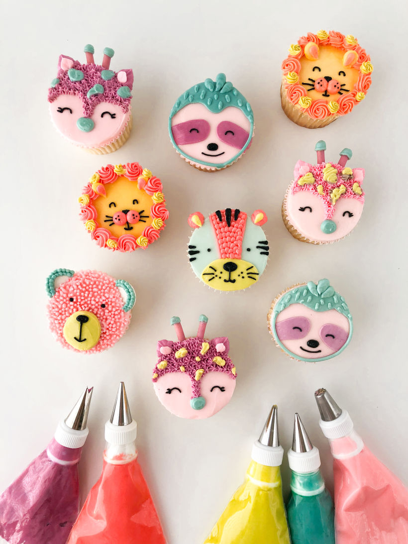 These animals are ready to party! These cupcakes are hand piped with buttercream using a variety of piping tips. 
